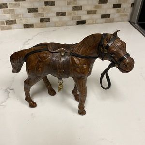 Vtge Leather Wrapped Horse Stallion Figurine With Bridle & Saddle